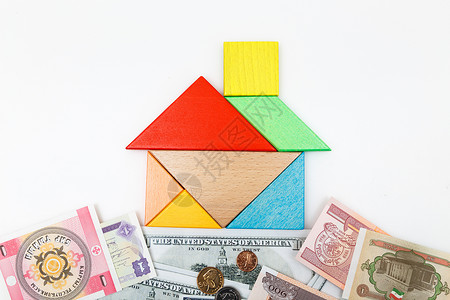 商务贷款房子拼图与钱币背景