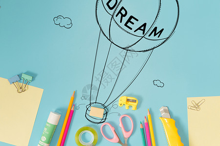 橡皮卡通桌面上的热气球带着橡皮飞走了设计图片