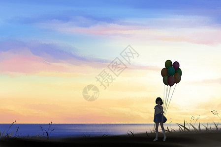 海滩女孩红气球放气球设计图片
