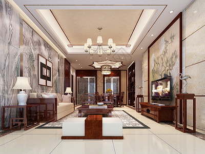 水墨花鸟背景墙新中式客厅设计效果图背景