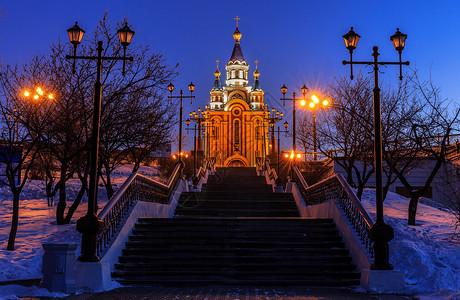 东正教文化城市夜景，教堂夜景背景