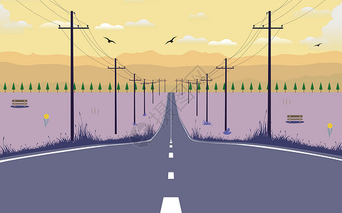 公路线条手绘-日出之前的清晨插画