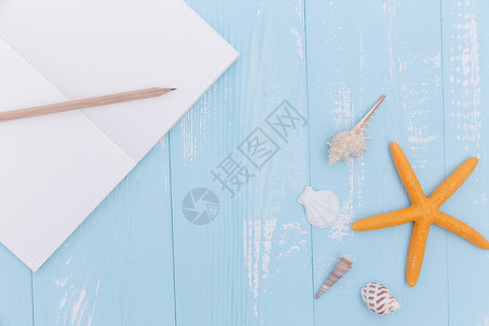 铅笔素材简单夏日蓝色木板海星书写素材背景