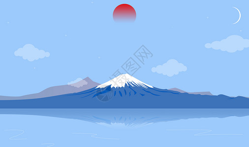 日本蓝色手绘-雪山 日月同辉插画