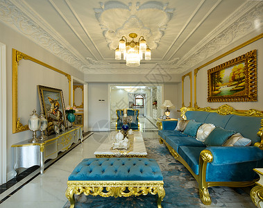 客厅蓝色复古内部高清图片