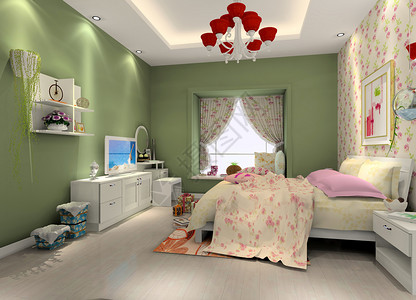 绿色墙体的卧室效果图背景图片