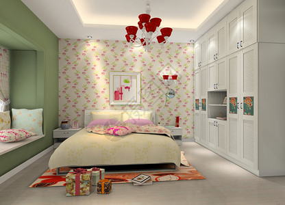 新中式绿色绿色墙体的卧室效果图背景