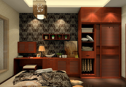 新中式卧室效果图背景图片