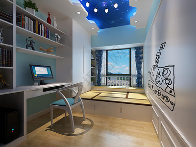 手绘书架儿童房卧室装修设计背景