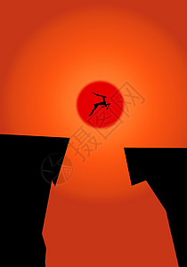 夕阳跳跃手绘-悬崖上跳跃的鹿插画