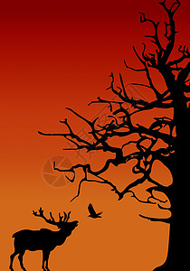 大草原海报手绘-黄昏下鹿与鸟的交流设计图片
