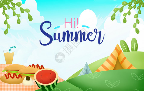 公园夏日野餐卡通夏日炎热的夏天设计图片