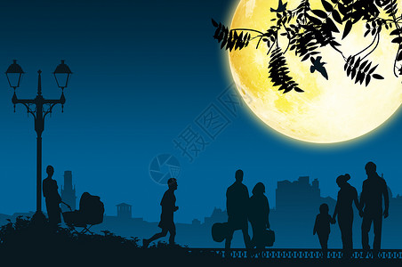 墓地设计素材创意手绘-月夜下的都市人群图片免费下载背景