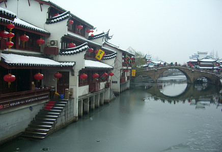 明清遗风旅游风景-七宝老街雪景背景