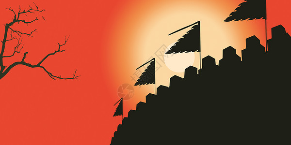 烽火硝烟古城墙与旗帜背景