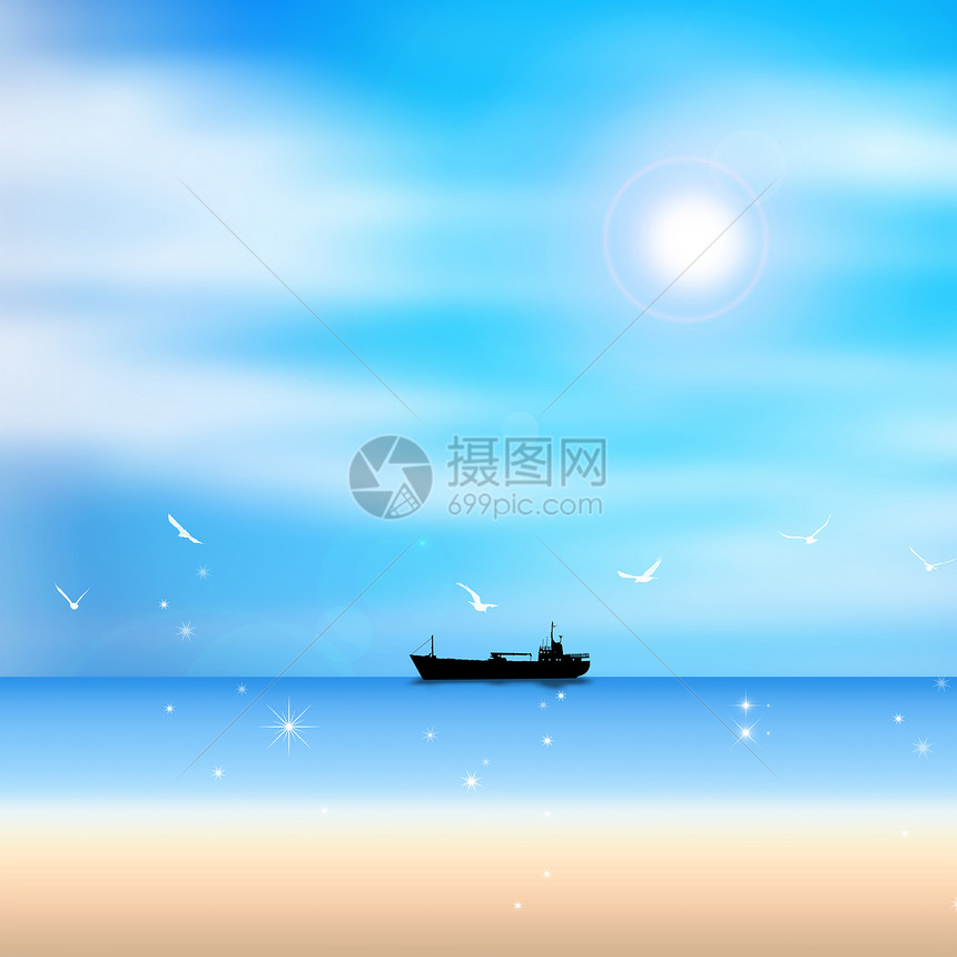 清新背景-大海沙滩与蓝天图片
