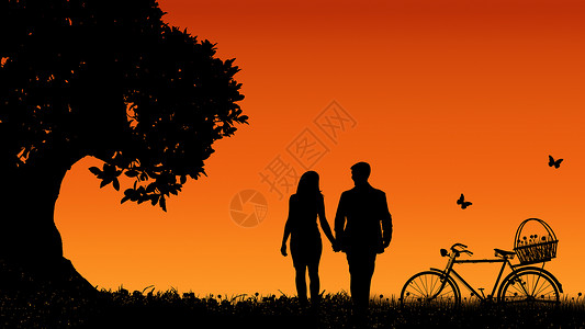 剪影-大树下的情侣与自行车图片