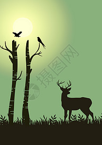 月光鹿装饰画剪影-鹿与大自然背景
