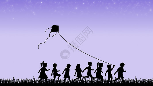 剪影-傍晚下放风筝的儿童高清图片