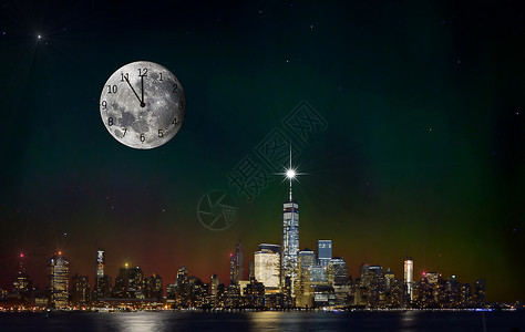 高楼大厦灯光月亮时钟星光城市设计图片