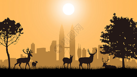 鹿剪影素材剪影-城市之外草地上的鹿群背景