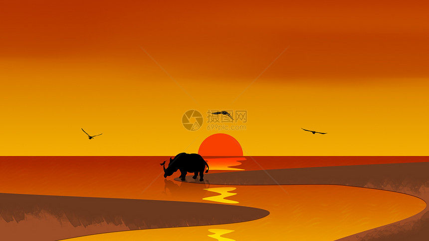 手绘-夕阳下喝水的犀牛图片