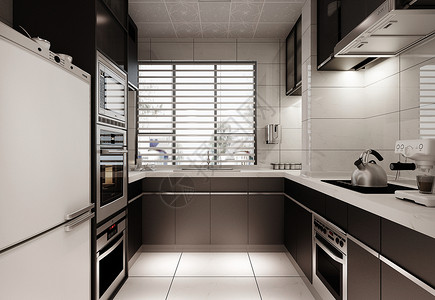 3d黑白素材黑白灰厨房效果图背景