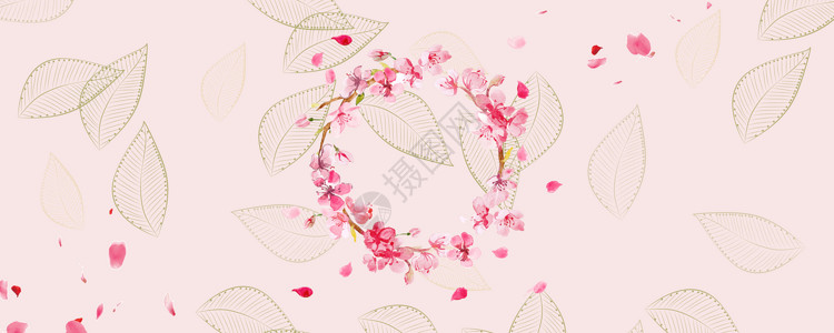 桃花和树叶清新banner背景设计图片
