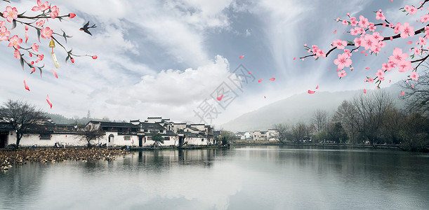 赤坎古镇中国风江南小桥流水水墨桃花壁纸设计图片