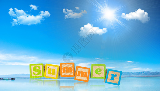 海与山夏天蓝天白云日光海面summer字体的倒影设计图片