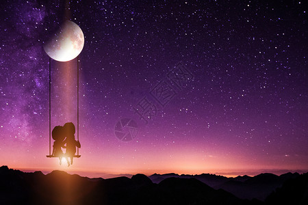情侣坐在板凳上月亮上荡秋千的情侣设计图片
