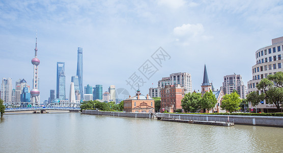 上海苏州河陆家嘴蓝天白云背景图片