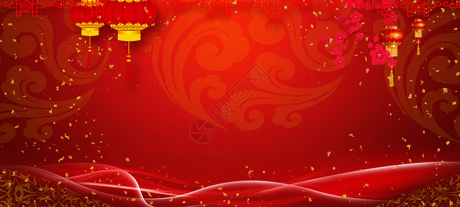 梅花灯笼挂饰大红新年背景设计图片