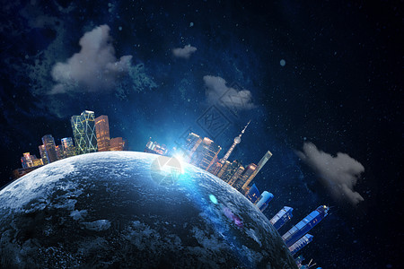 宇宙星球绘画3的天文学爆炸立体城市环绕地球设计图片
