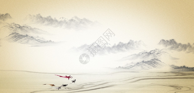 中国滑雪复古山水设计图片