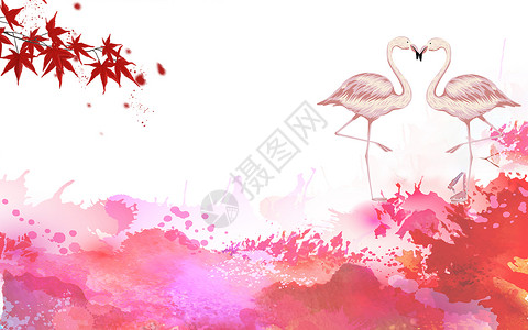 热情红色红色火烈鸟水彩背景设计图片