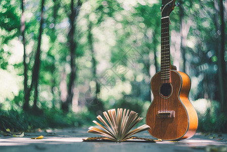 爱情带书素材吉他绿叶与日记本背景