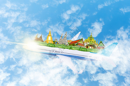 泰国四面佛乘飞机旅行去泰国旅游设计图片