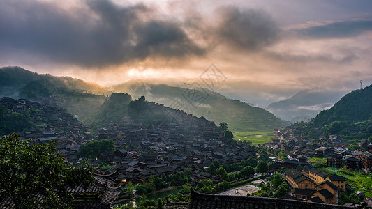 大气红党建画册封面苗寨晨韵背景