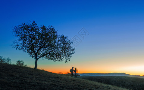 山丘背景元素晨曦中的树和人背景