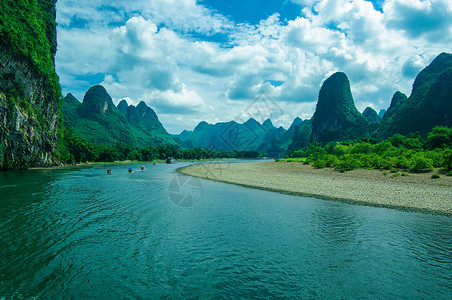 手绘木船阳朔漓江美景背景