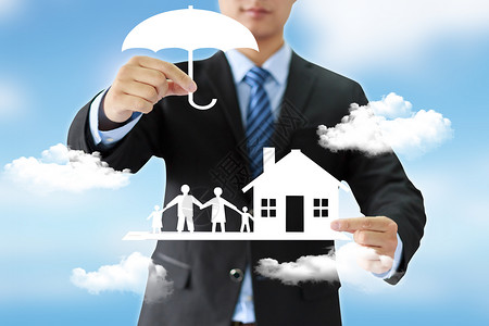 蓝天白云家庭商务男士手握雨伞房屋人白云设计图片