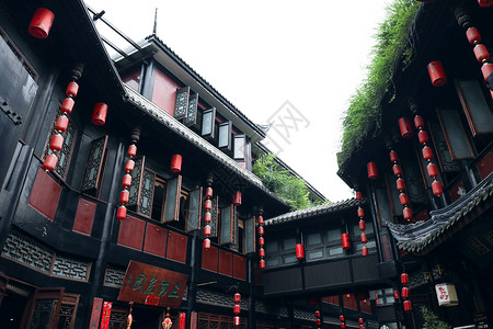 福建特色建筑古楼暴雨前的古镇背景