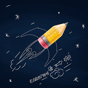 火手绘火箭铅笔在黑板上的素描设计图片