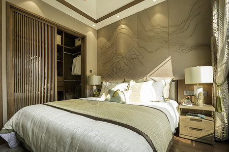 中式床新中式卧室室内设计背景