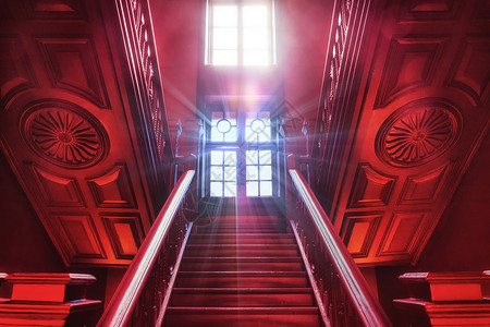 木板教堂红色楼梯背景