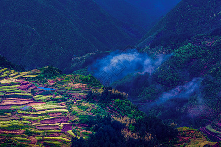 肥沃的土地高山里的五色梯田背景