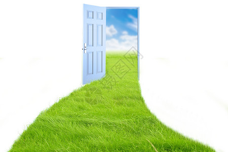 门元素破门而入的草地蓝天景色设计图片