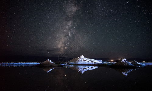 镂雕茶卡盐湖的银河背景