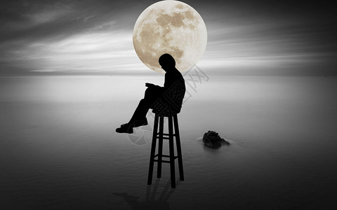 坐在凳子月光下的读书人设计图片